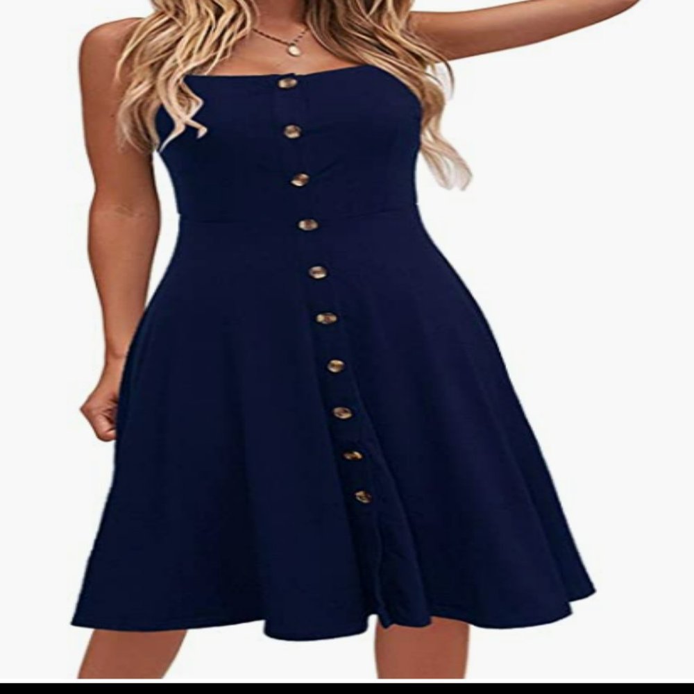 Berrydress Women's Casual  Summer Dress, Blue with Buttons   Solid Cotton - M